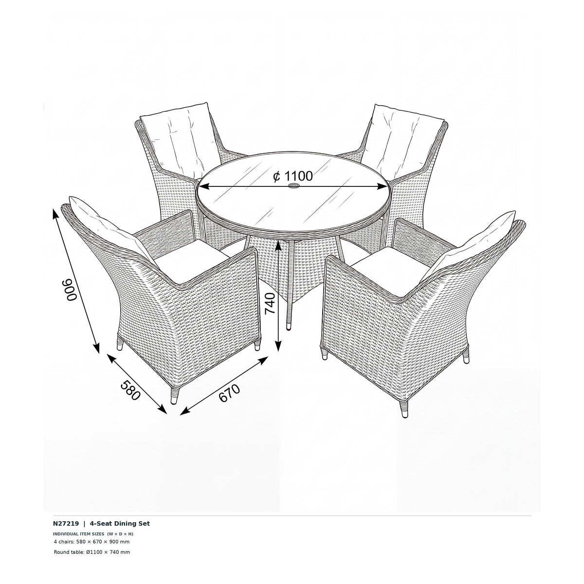 Nova Magnus 4 Seat Dining Set with 1.2m Round Table, N27219