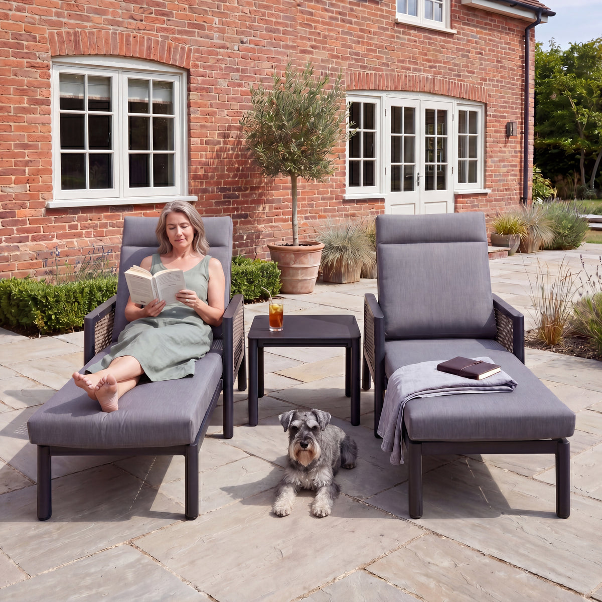 Nova Oscar Reclining Sun Lounger with Square Side Table, Beige, N27019
