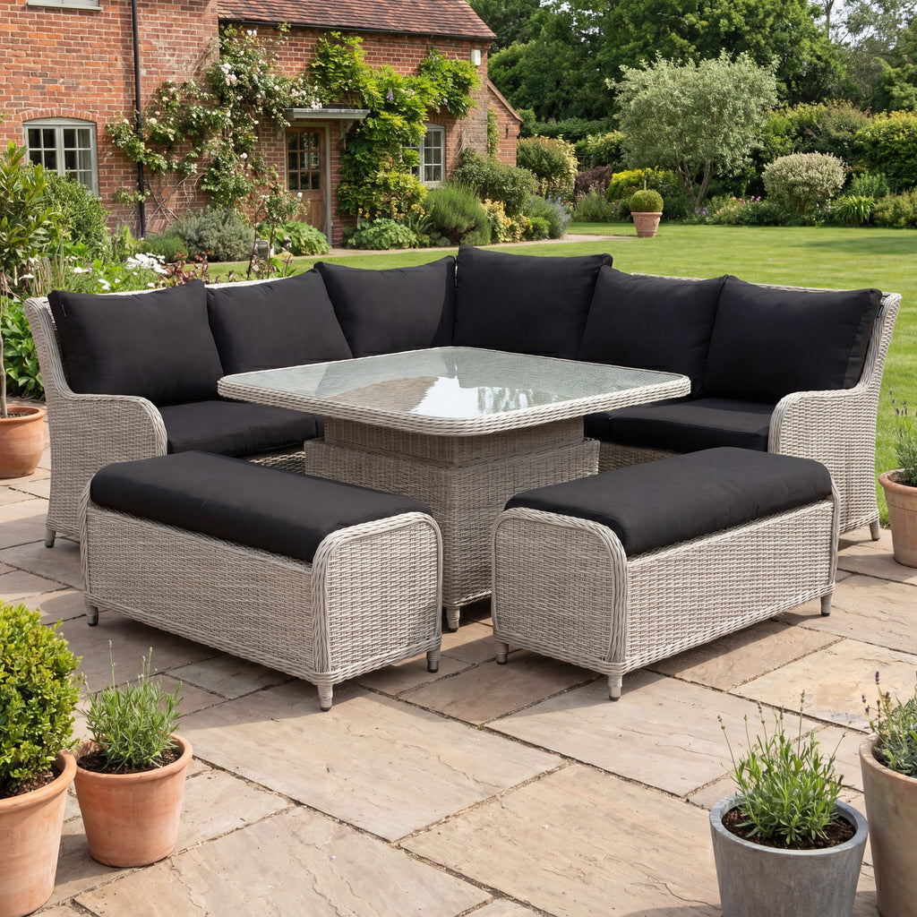 Nova Avery Grande Curved Corner Sofa Lounge Dining Set with Square Rise & Fall Table (Plus), Grey, N27095