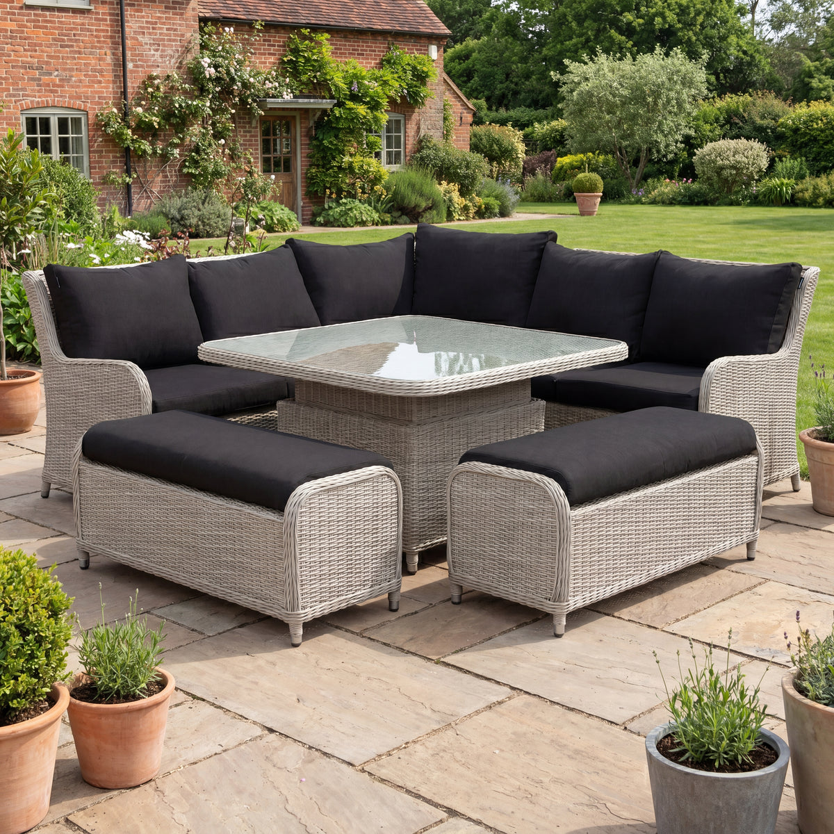 Nova Avery Grande Curved Corner Sofa Lounge Dining Set with Square Rise & Fall Table (Plus), Grey, N27095