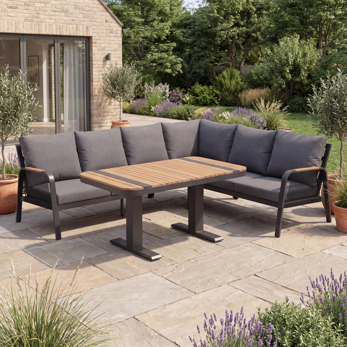 Nova Harvey L-Shaped Corner Sofa Lounge Dining Set with Rectangular Rising Table, Grey, N27000