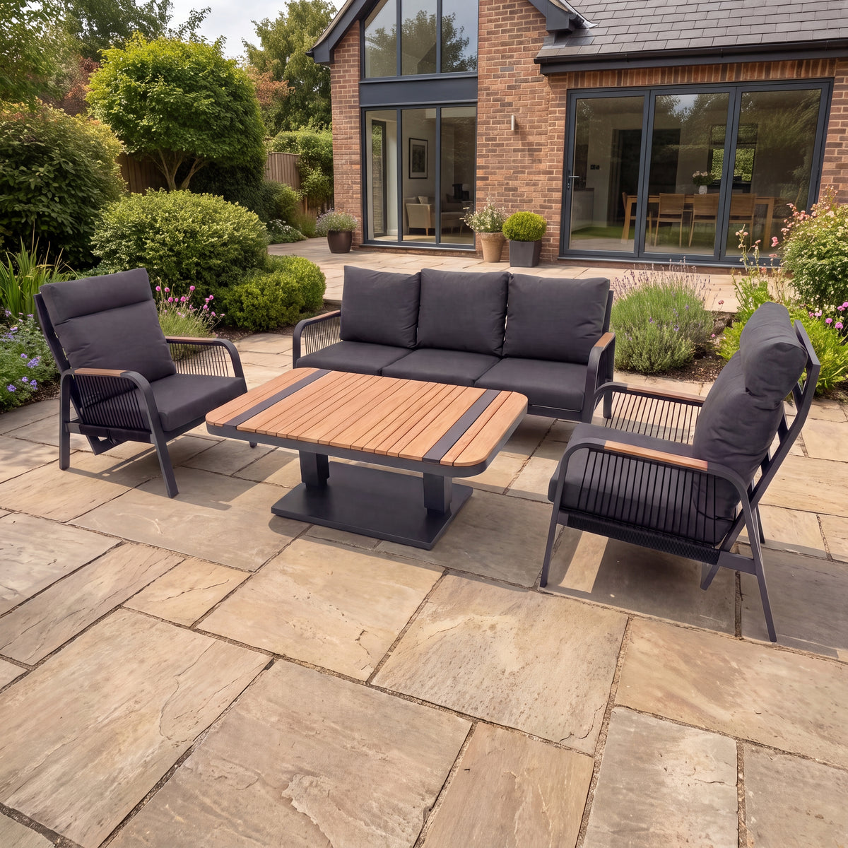 Nova Harvey 3 Seater Sofa Reclining Lounge Dining Set with Rectangular Rising Table, Grey, N27004