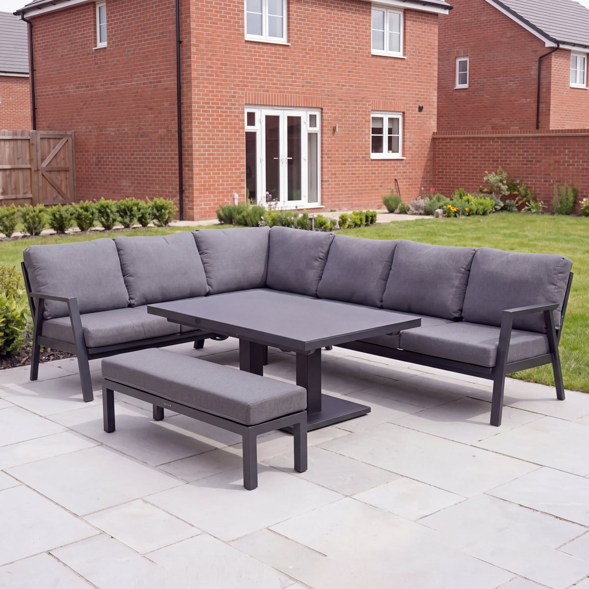 Nova Phoenix L-Shaped Corner Sofa Lounge Dining Set with Rectangular Extending Rising Table (Plus), Grey, N27054