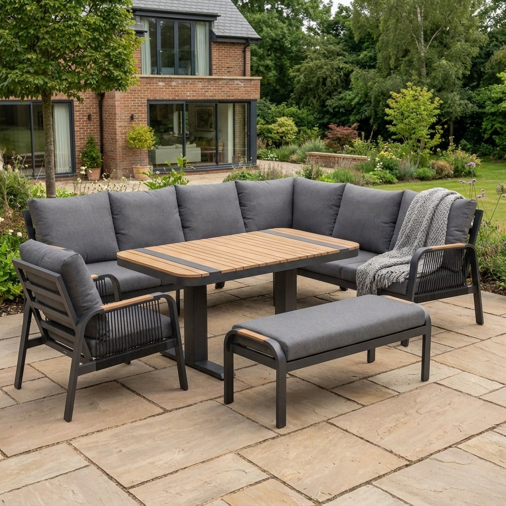 Nova Harvey L-Shaped Corner Sofa Lounge Dining Set with Rectangular Rising Table (Plus), Grey, N27001