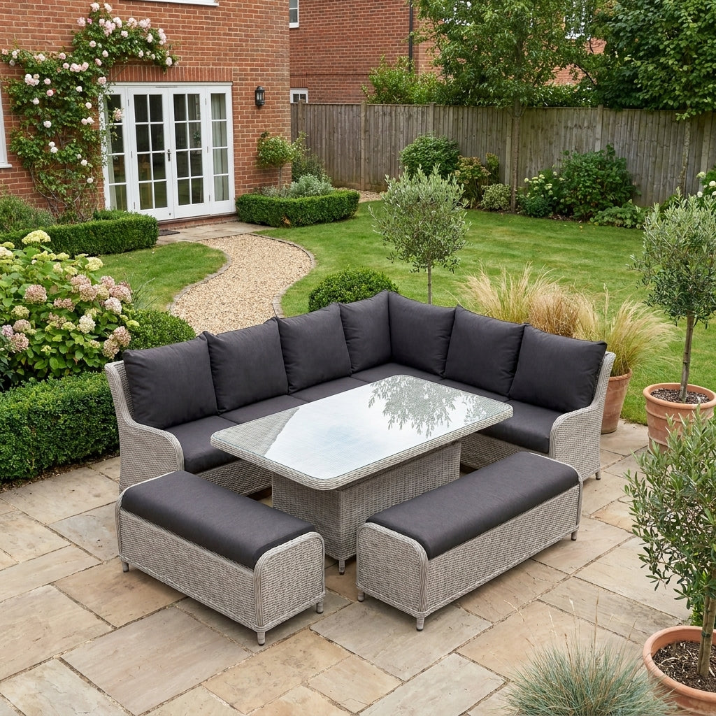 Nova Avery Grande Right Hand Corner Sofa Lounge Dining Set with Rectangular Rise & Fall Table (Plus), Grey, N27094