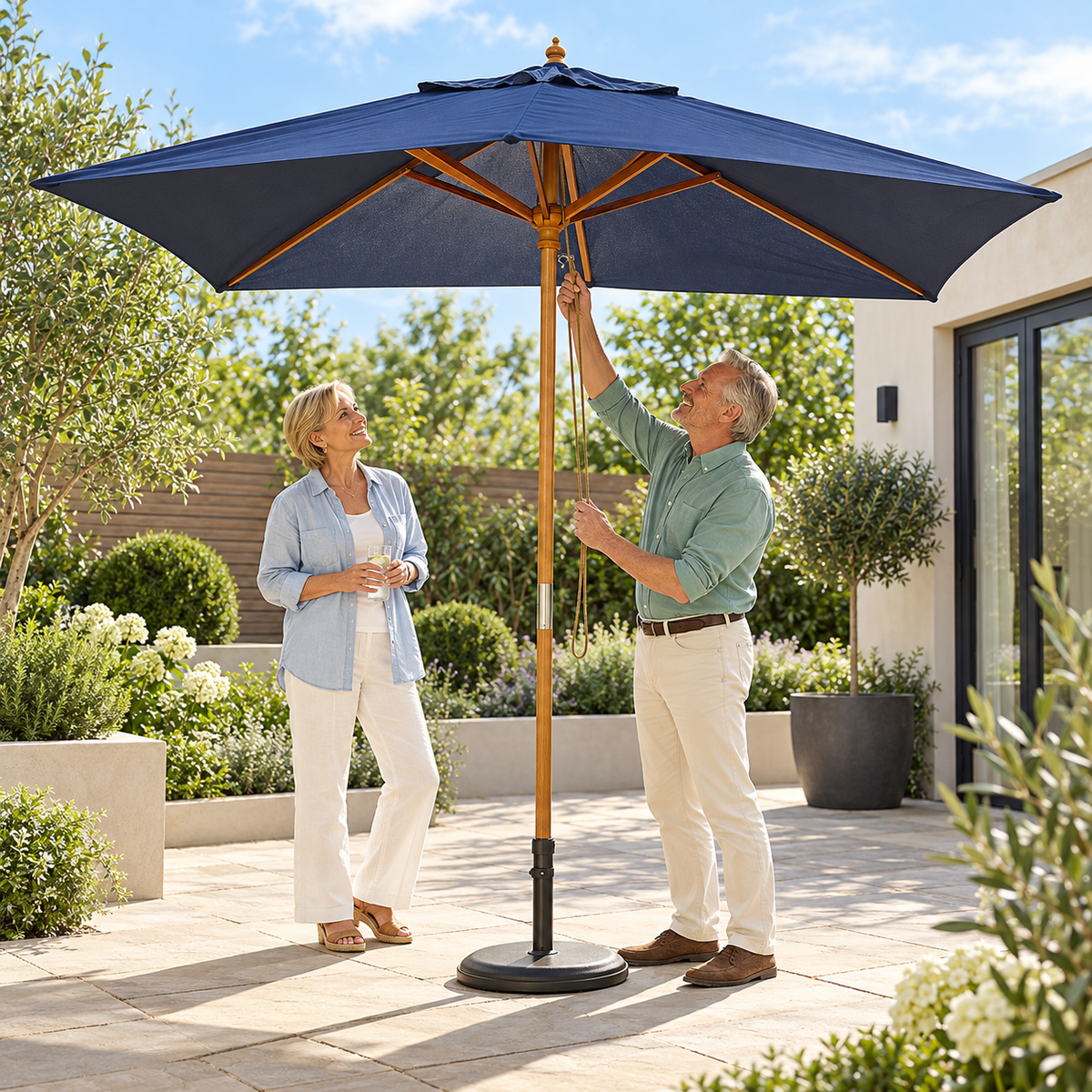 Nova Sylva Wooden Parasol, 3m x 2m Rectangular, Navy, N15293