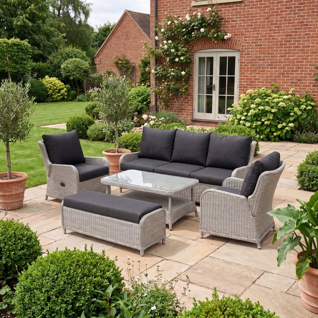 Nova Avery Grande 3 Seater Reclining Sofa Lounge Dining Set with Rectangular Rise & Fall Table (Plus), Grey, N27096