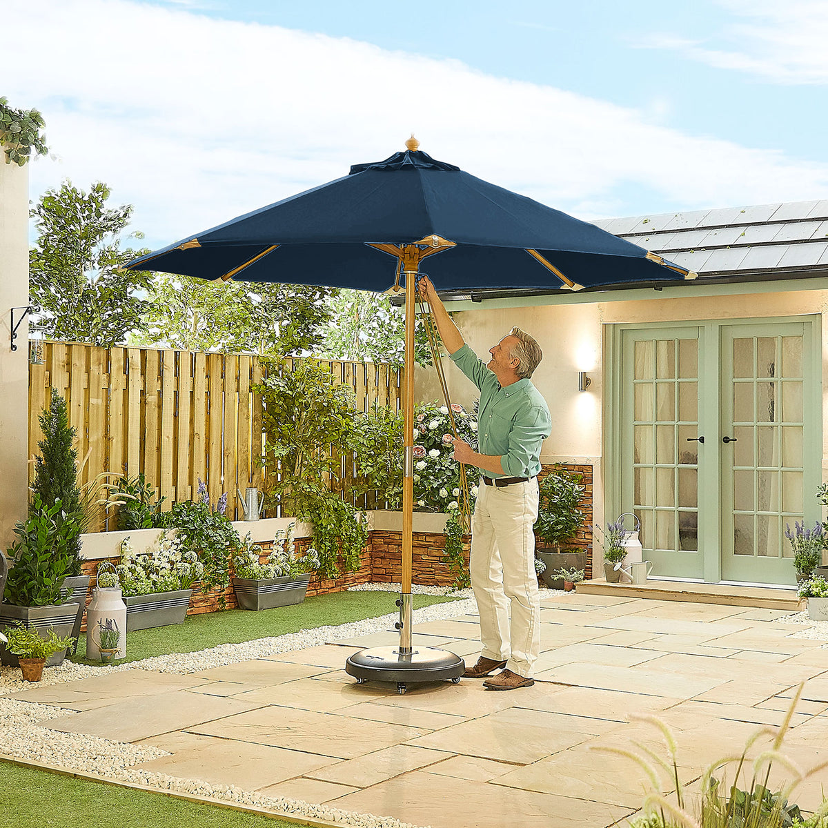 Nova Sylva Deluxe Wooden Parasol, 3m Round, Navy, N15288