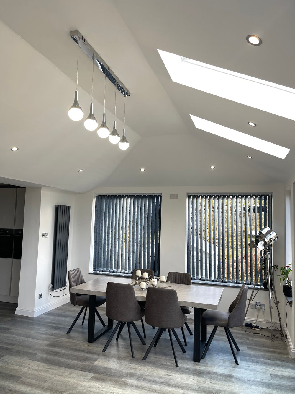Finished dining room with three rooflights