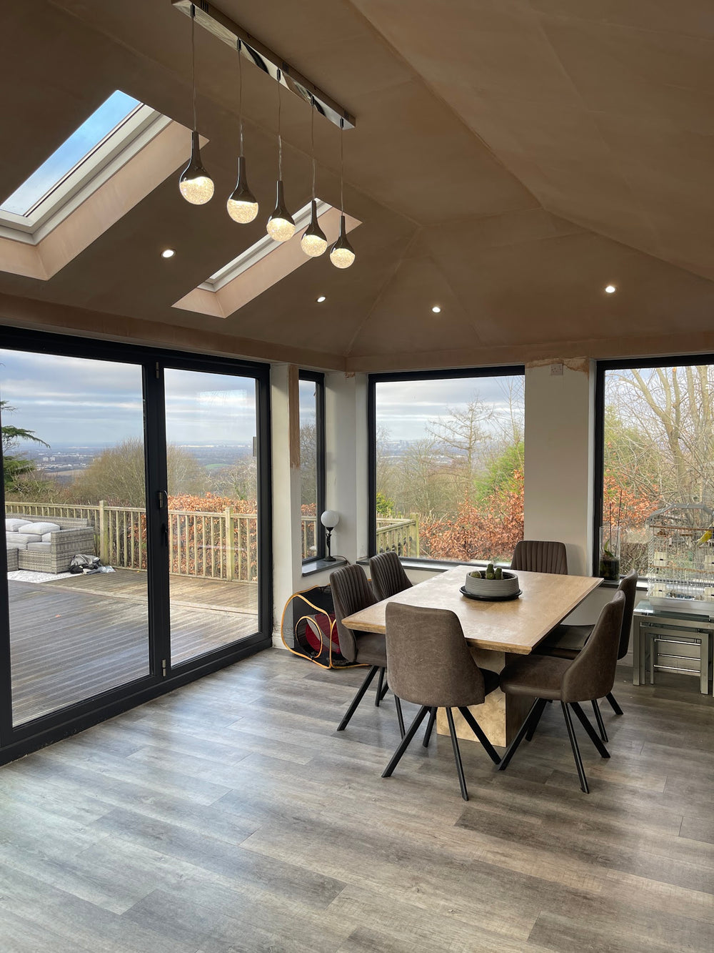 Finished room with bifold doors